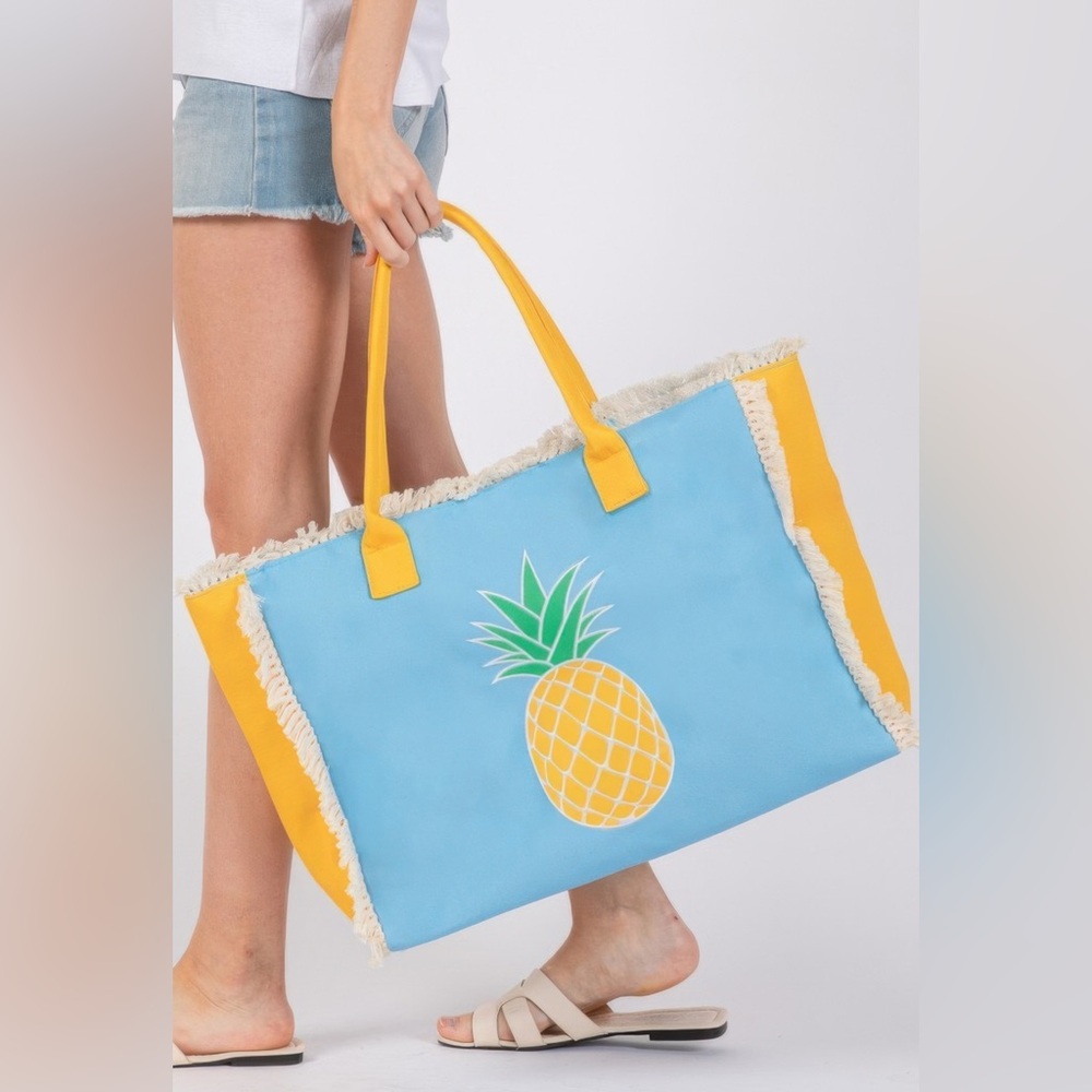 NWT Boutique_ Embroidered anchor, pineapple, and flamingo patch fringe tote bag